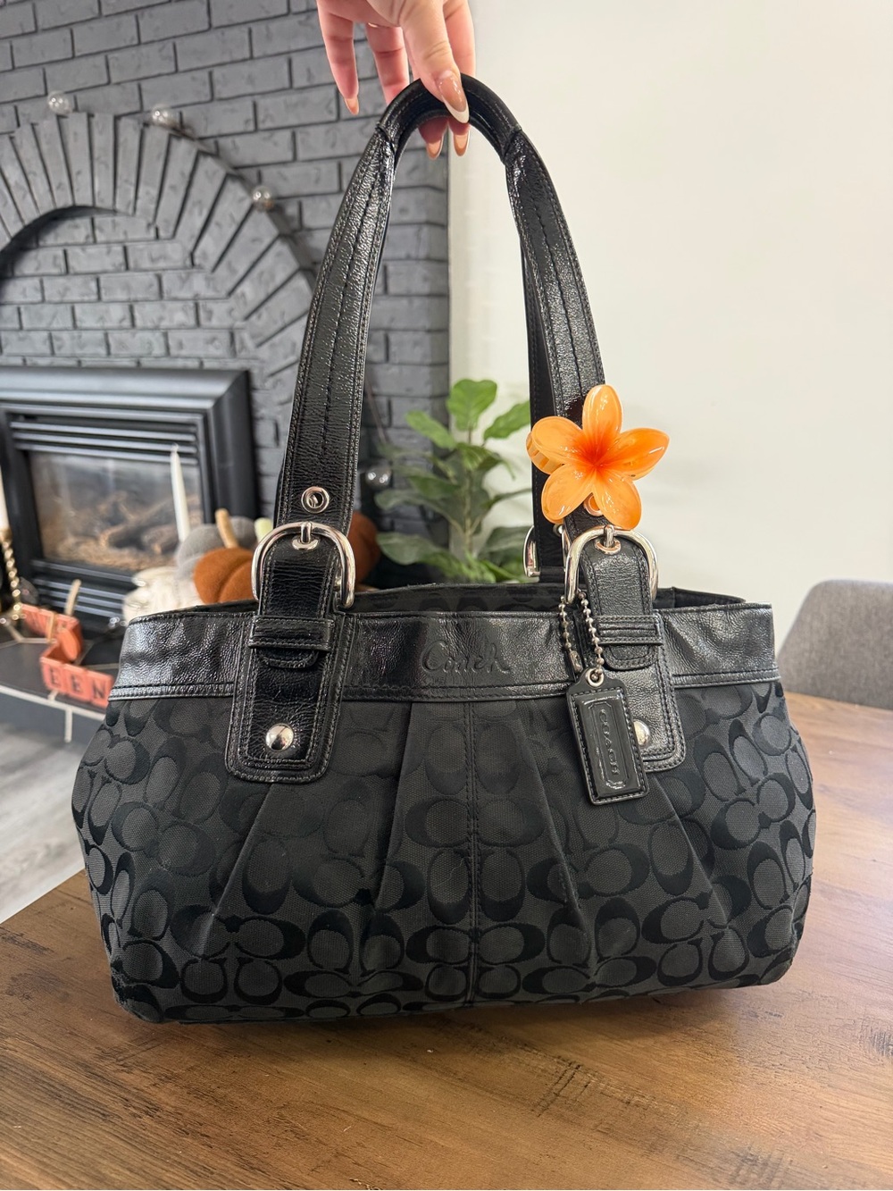 Coach Black Signature Jacquard Shoulder Tote with Leather Trim